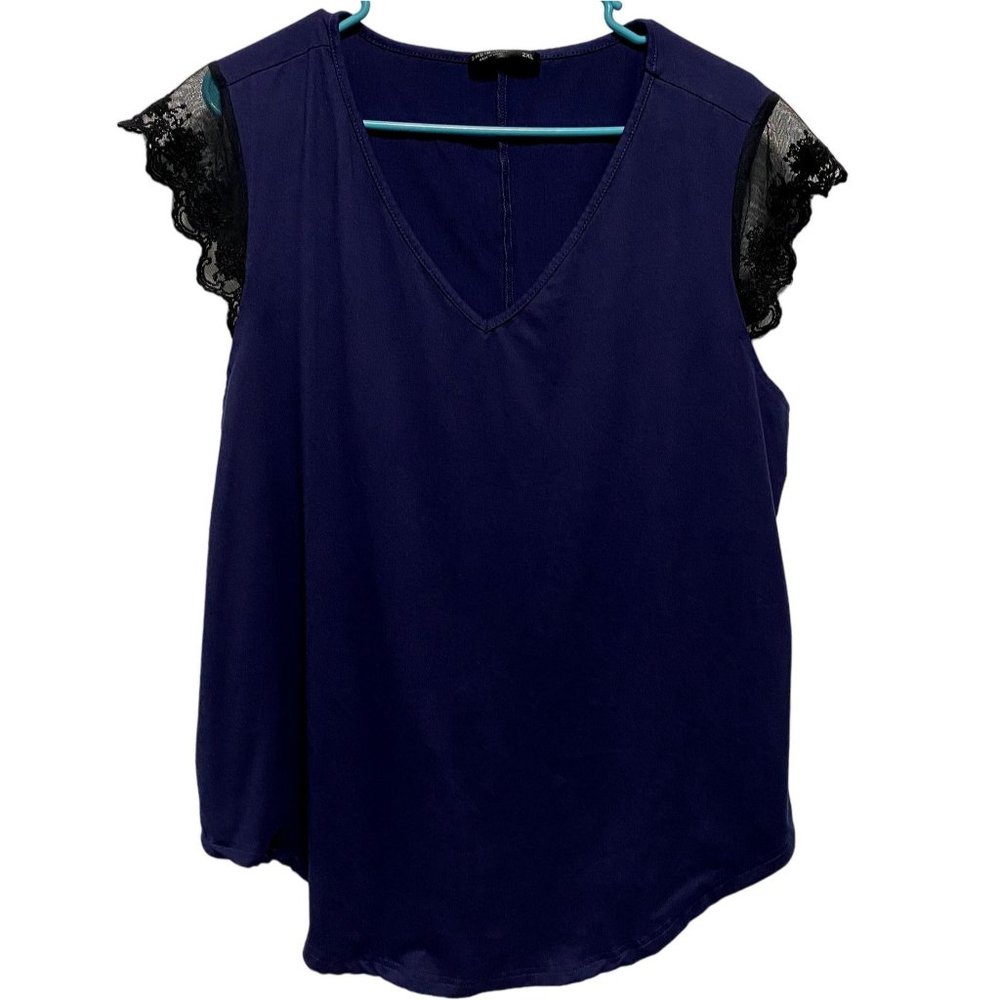 SHEIN Curve Women's Blouse Short Sleeve Dark Navy w/Black Lace Sleeves Size 2X